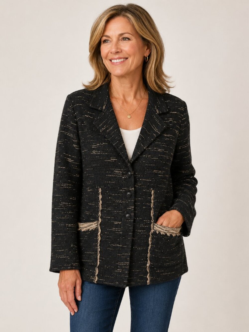 Andria Lieu Black Gold Textured Stretch Knit Lady Sweater Blazer Jacket L